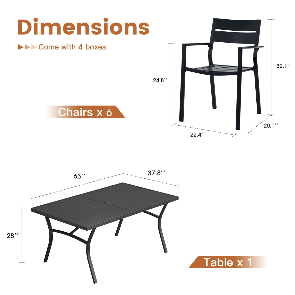 VICLLAX Patio 7 Pieces Outdoor Dining Set, 63" Rectangular Metal Dining Table and 6 Stackable Chairs for Lawn
