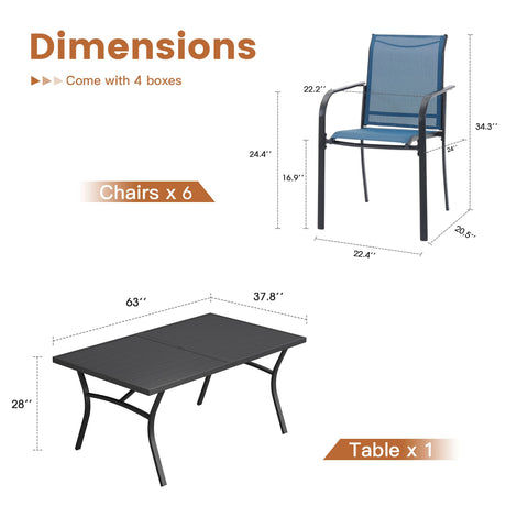 VICLLAX Patio 7 Pieces Outdoor Dining Set, 63" Rectangular Metal Dining Table and Stackable Sling Dining Chair with Armrest