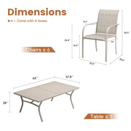 VICLLAX Patio 7 Pieces Outdoor Dining Set, 63" Rectangular Metal Dining Table and Stackable Sling Dining Chair with Armrest