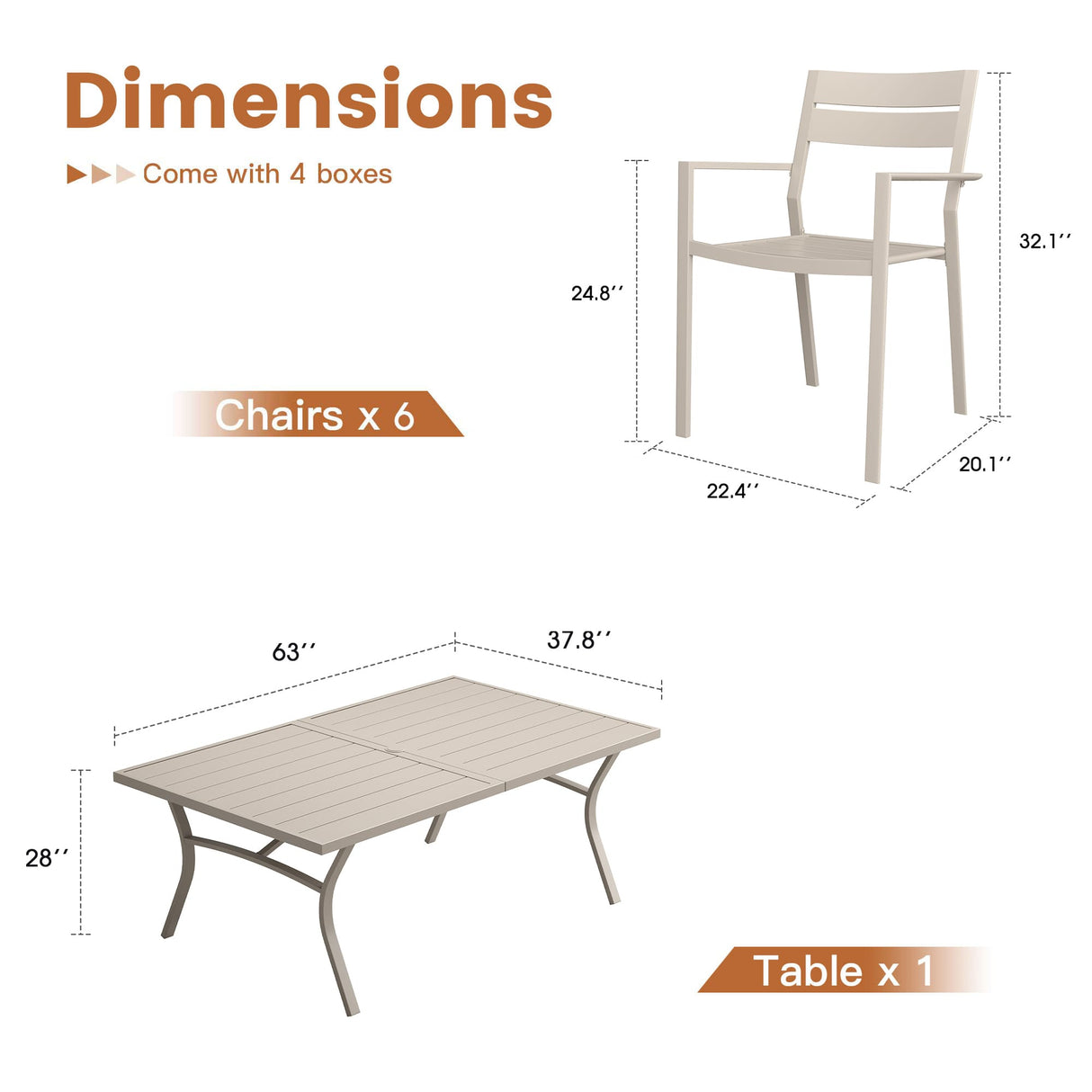 VICLLAX Patio 7 Pieces Outdoor Dining Set, 63" Rectangular Metal Dining Table and 6 Stackable Chairs for Lawn