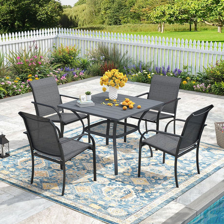 Vicllax 5 Pieces Outdoor Dining Set, 37.8" Square Metal Table and Stackable Sling Chairs