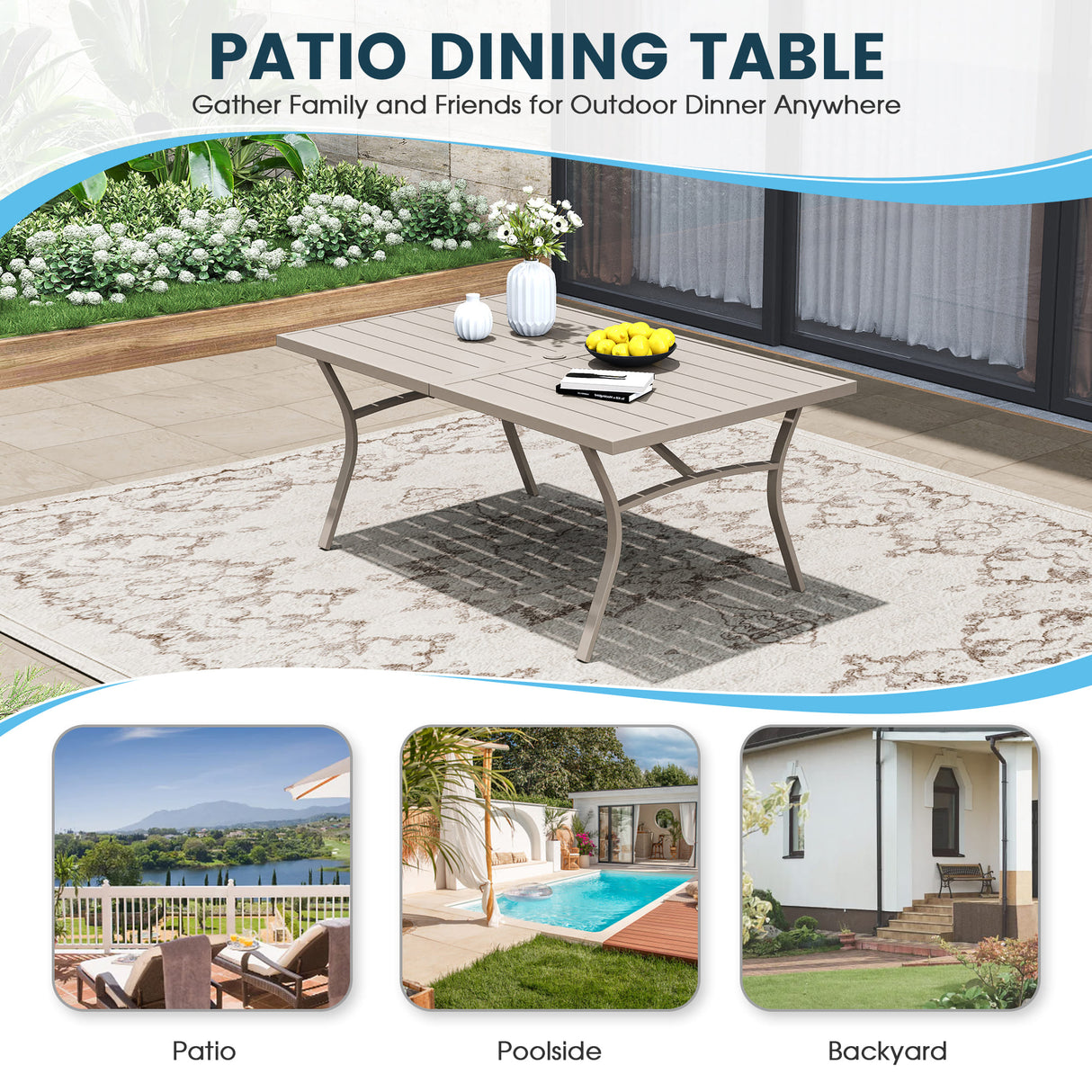 Vicllax Outdoor Metal Dining Table for 8 with Umbrella Hole, 70.9" Rectangular Dining Table