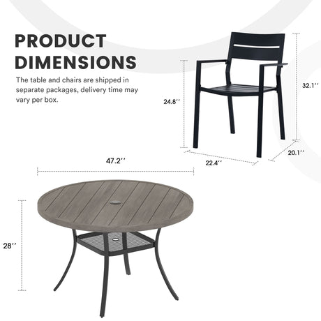 Vicllax Juego de comedor para exterior de 7 piezas con mesa redonda de metal de 48" y sillas con apoyabrazos