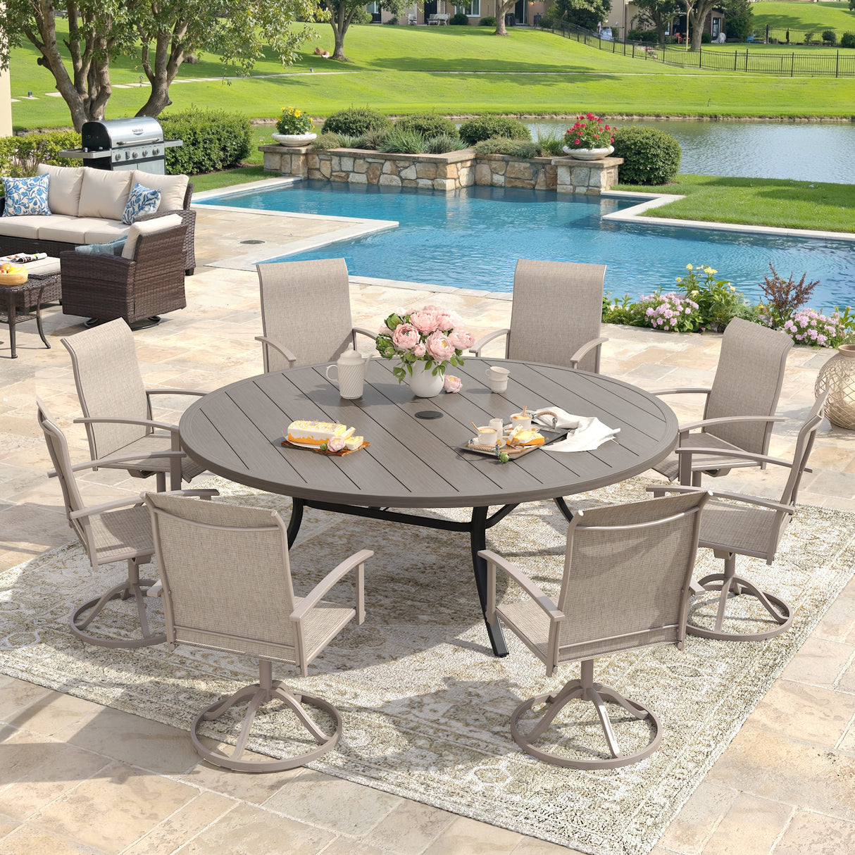 Vicllax Outdoor Dining Set for 8 People, Patio 63" Round Table with 8 Swivel Chairs Set