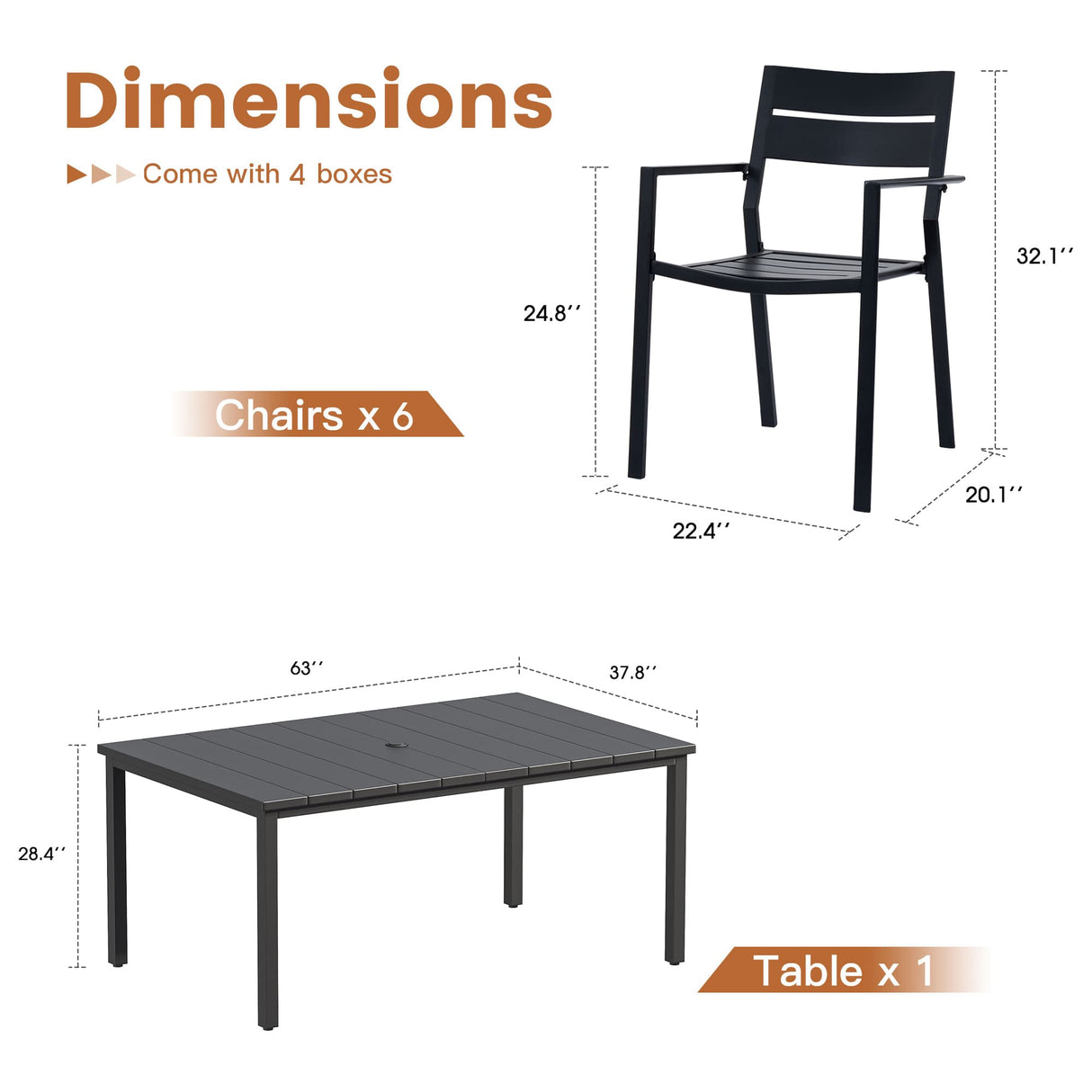 VICLLAX Patio 7 Pieces Outdoor Dining Set, 63" Rectangular Metal Dining Table and Swivel Chairs of 6