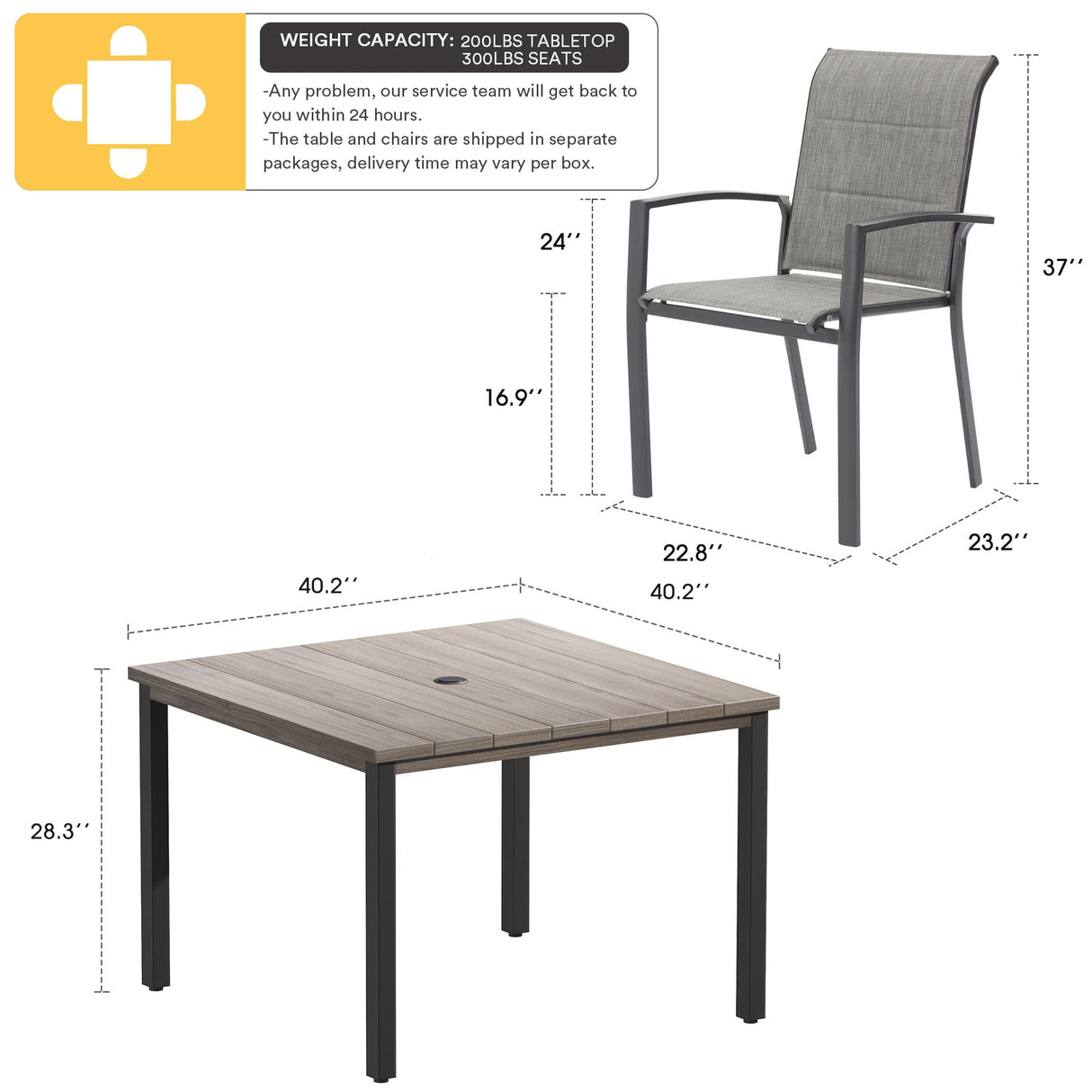 Vicllax 5 Pieces Outdoor Dining Set with 40" Square Table and Padded Stackable Chairs