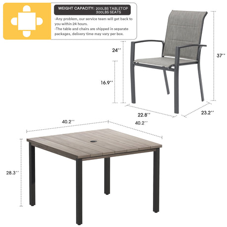 Vicllax 5 Pieces Outdoor Dining Set with 40" Square Table and Padded Stackable Chairs
