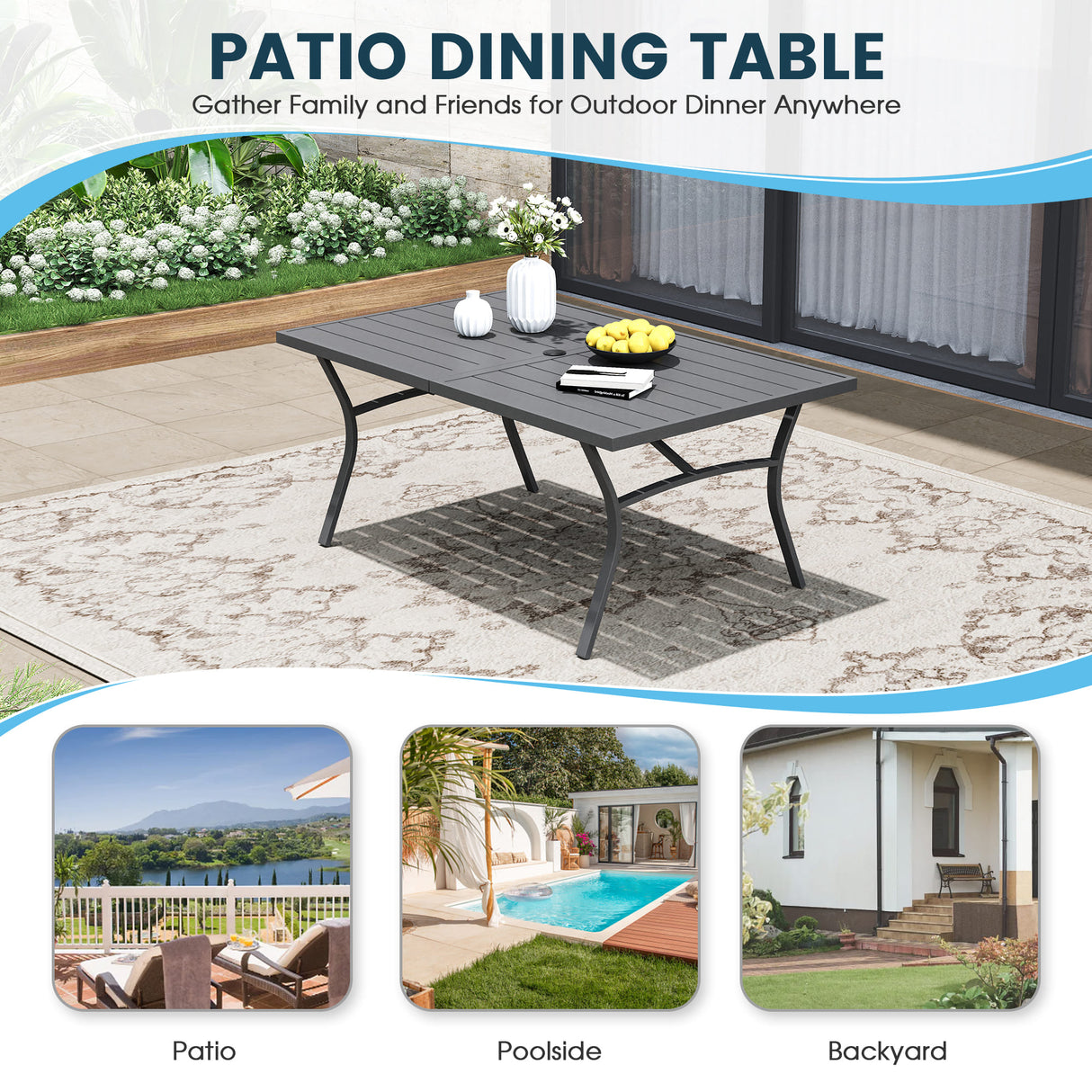Vicllax Outdoor Metal Dining Table for 8 with Umbrella Hole, 70.9" Rectangular Dining Table