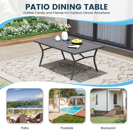 Vicllax Mesa de comedor de exterior para 6 personas, mesa de listones de acero curvado de metal para patio con orificio para sombrilla