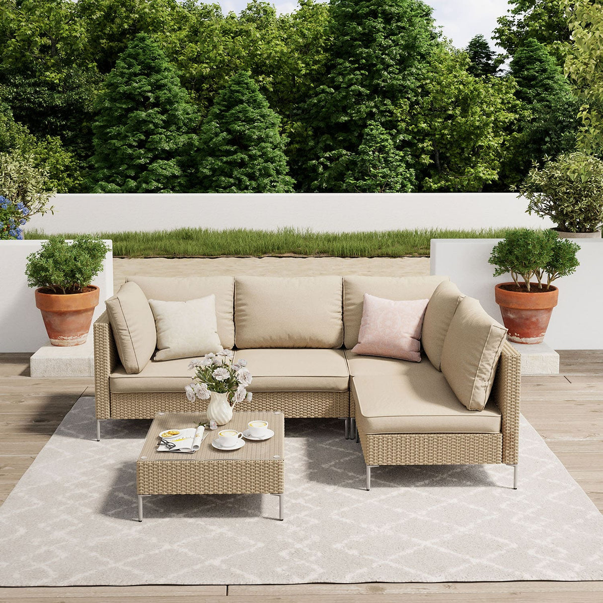 Vicllax 5/7 PCS Wicker Outdoor Conversation Set Patio Sectional Sofas with Glass Coffee Table
