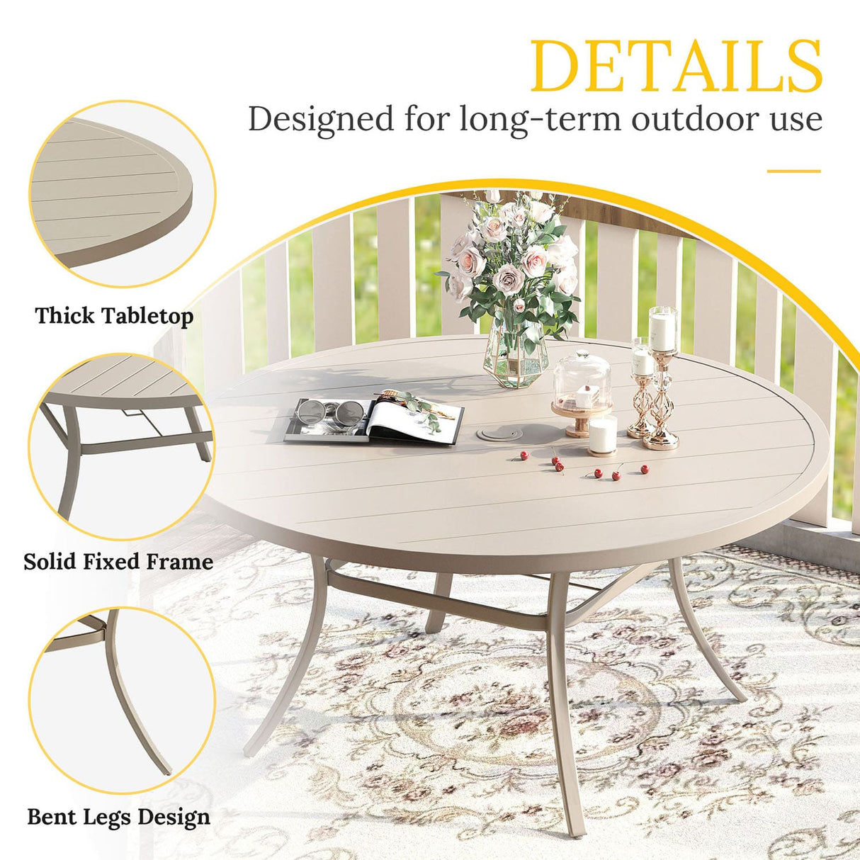 Vicllax Juego de comedor para exterior de 9 piezas con mesa redonda de metal de 54" y sillones de textileno 