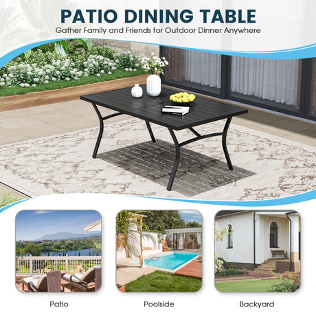Vicllax Mesa de comedor de exterior para 6 personas, mesa de listones de acero curvado de metal para patio con orificio para sombrilla