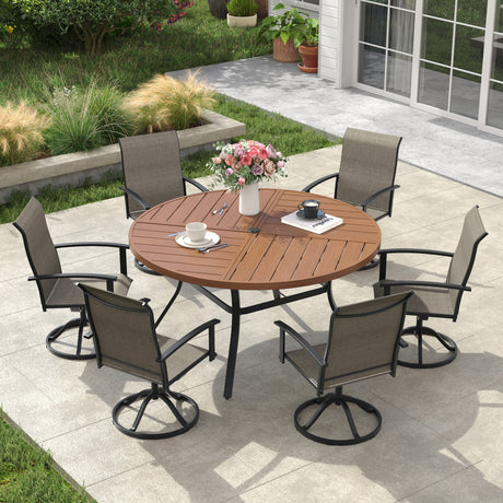 VICLLAX 7-pcs Outdoor Dining Set, 50” Round Metal Table with Umbrella Hole & 6 Swivel Textilene Chairs