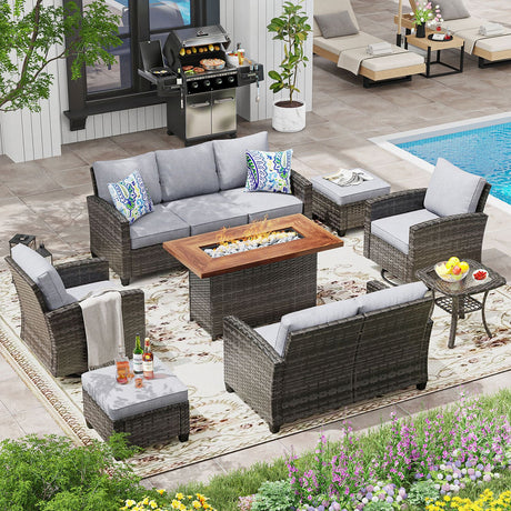 Vicllax Versatile Wicker Patio Set: 7 Seater with Fire Table & Ottoman
