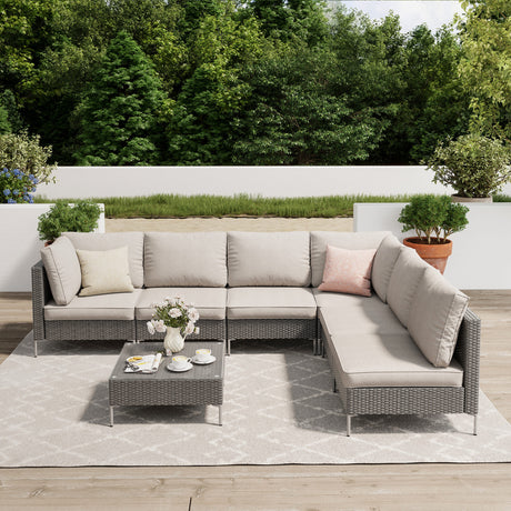 Vicllax 5/7 PCS Wicker Outdoor Conversation Set Patio Sectional Sofas with Glass Coffee Table