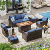Vicllax Versatile Wicker Patio Set: 7 Seater with Fire Table & Ottoman