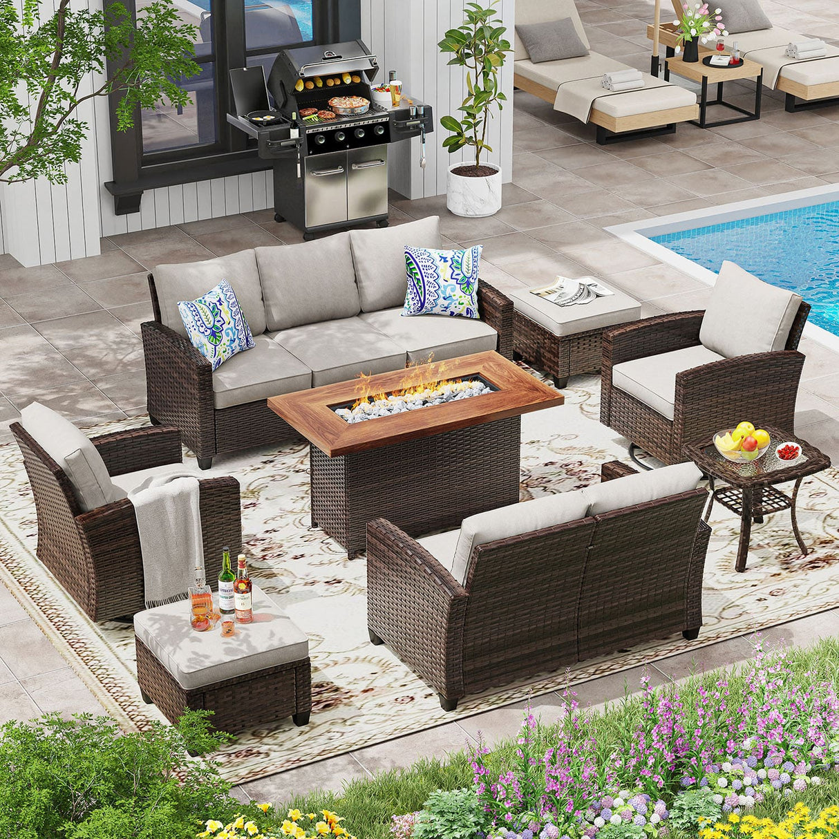 Vicllax Versatile Wicker Patio Set: 7 Seater with Fire Table & Ottoman