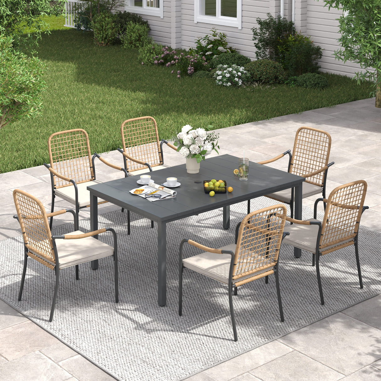 Vicllax 7 Pieces Outdoor Dining Set, Rectangular Metal Table and Solana Stackable Chair