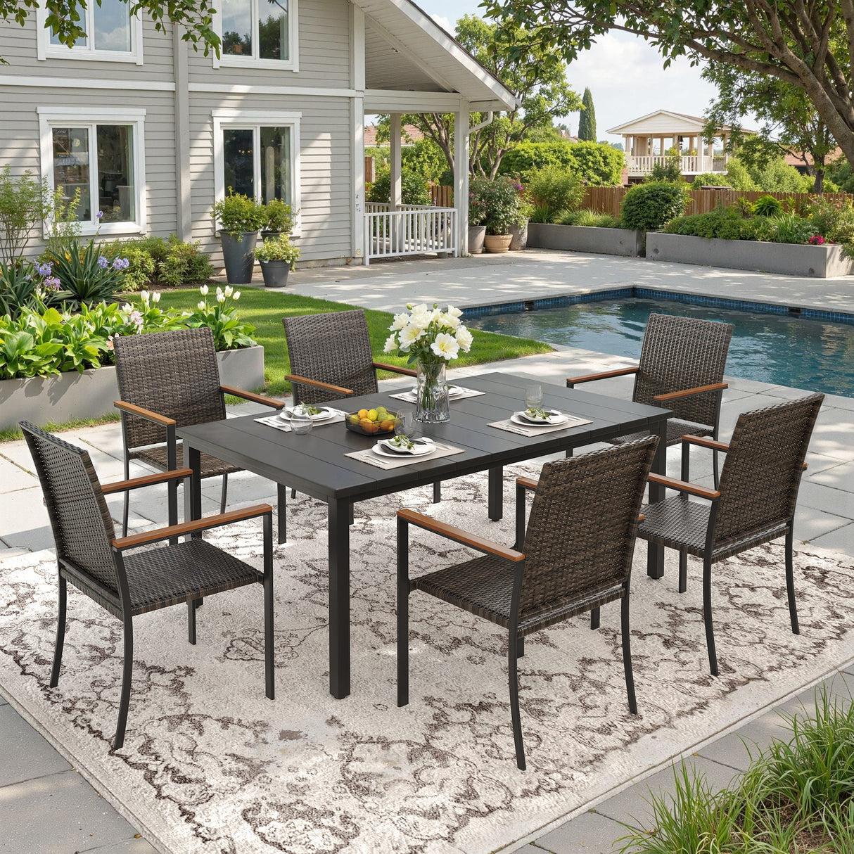 Vicllax 7 Pieces Outdoor Dining Set, Patio Rectangular Metal Table and  6 Stackable  Armchairs