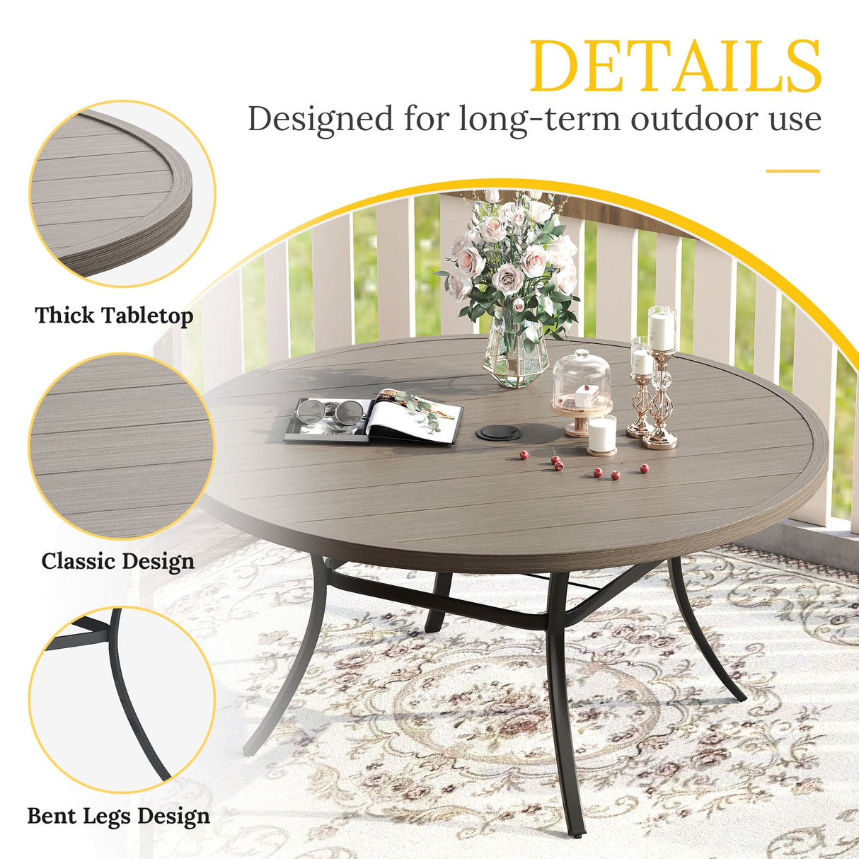 Vicllax 50” / 60" Outdoor Round Metal Dining Table with Umbrella Hole for 6,8