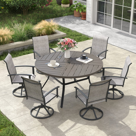 VICLLAX 7-pcs Outdoor Dining Set, 50” Round Metal Table with Umbrella Hole & 6 Swivel Textilene Chairs