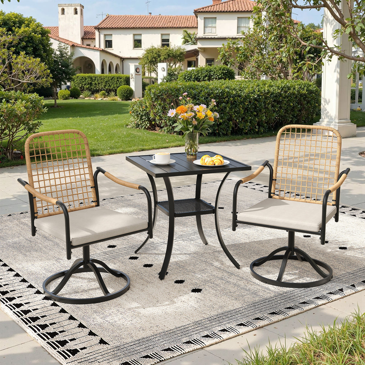 Vicllax 3-Piece Patio Bistro Set, Rope-woven  Swivel Chairs and 27.6" Metal Square Table