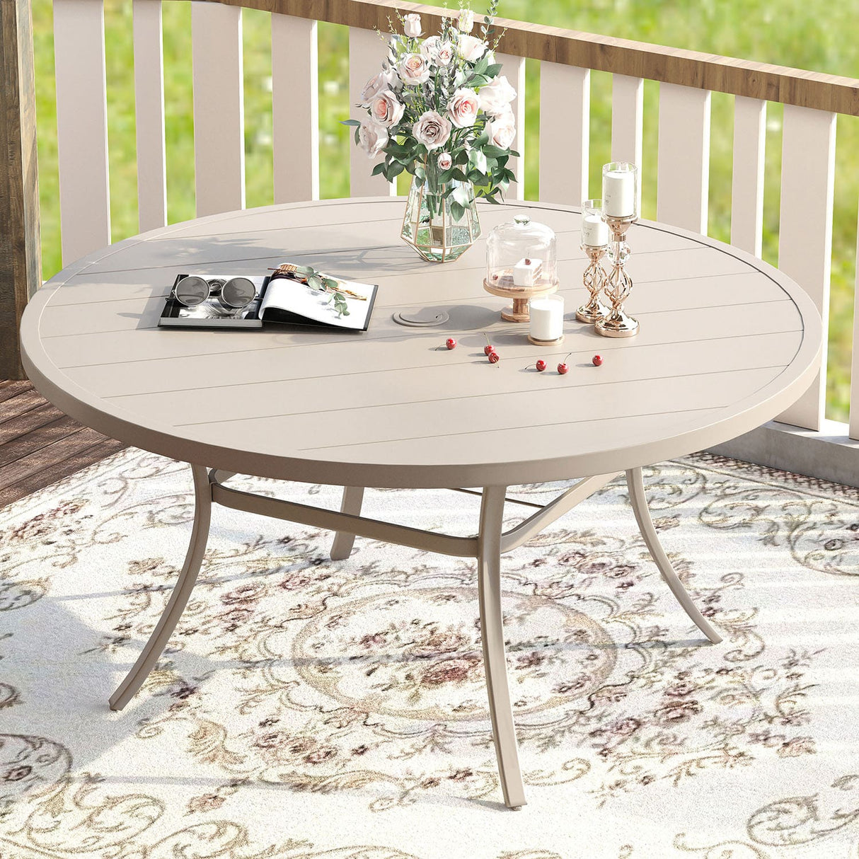 Vicllax Outdoor Round Metal Dining Table with Umbrella Hole for 4, 6