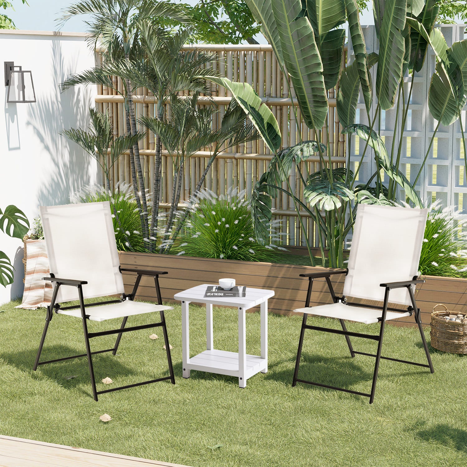 Vicllax Juego de sillas de patio de 3 piezas, sillas plegables para exterior y mesa auxiliar rectangular 
