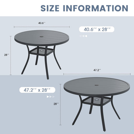 Vicllax Juego de comedor para exterior de 7 piezas con mesa redonda de metal de 48" y sillones de textileno 