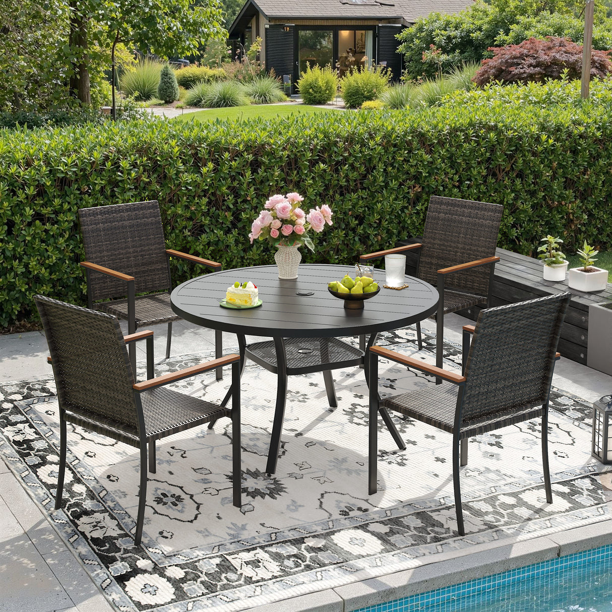 Vicllax 5 Pieces Outdoor Dining Set, 40.6" Round  Table and 4 Stackable Armchairs