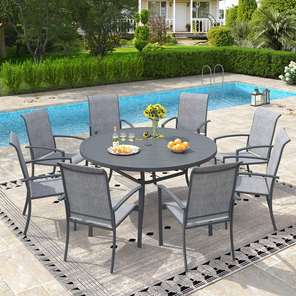 Vicllax 9 PCS Patio Dining Table Set, 53" Round Metal Table and Skyline Stackable Chair