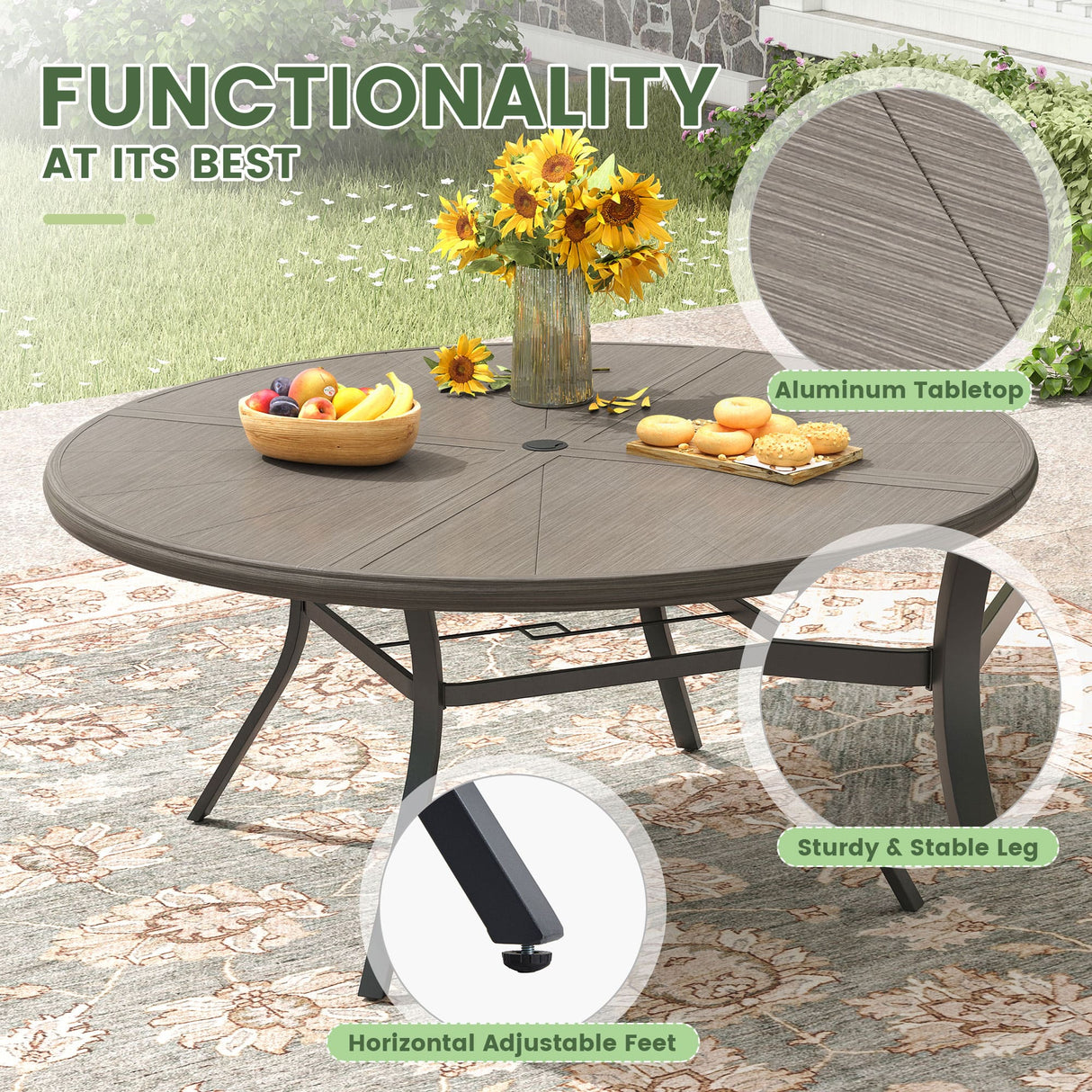 Vicllax Outdoor Round Dining Table, Patio Aluminum Tabletop with Storage Shelf