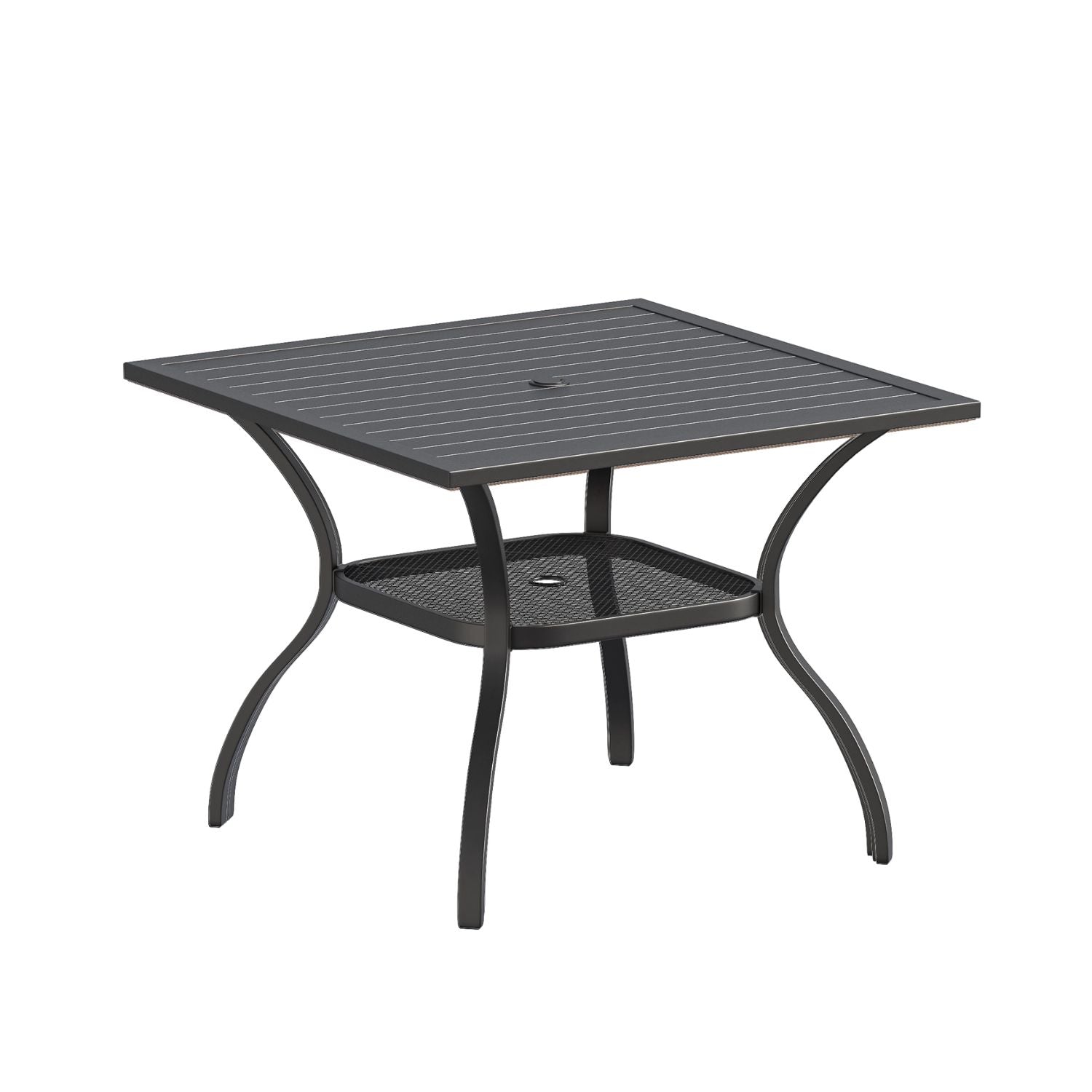 Vicllax Mesa de comedor para patio al aire libre para 4 personas, mesa cuadrada de metal con almacenamiento 