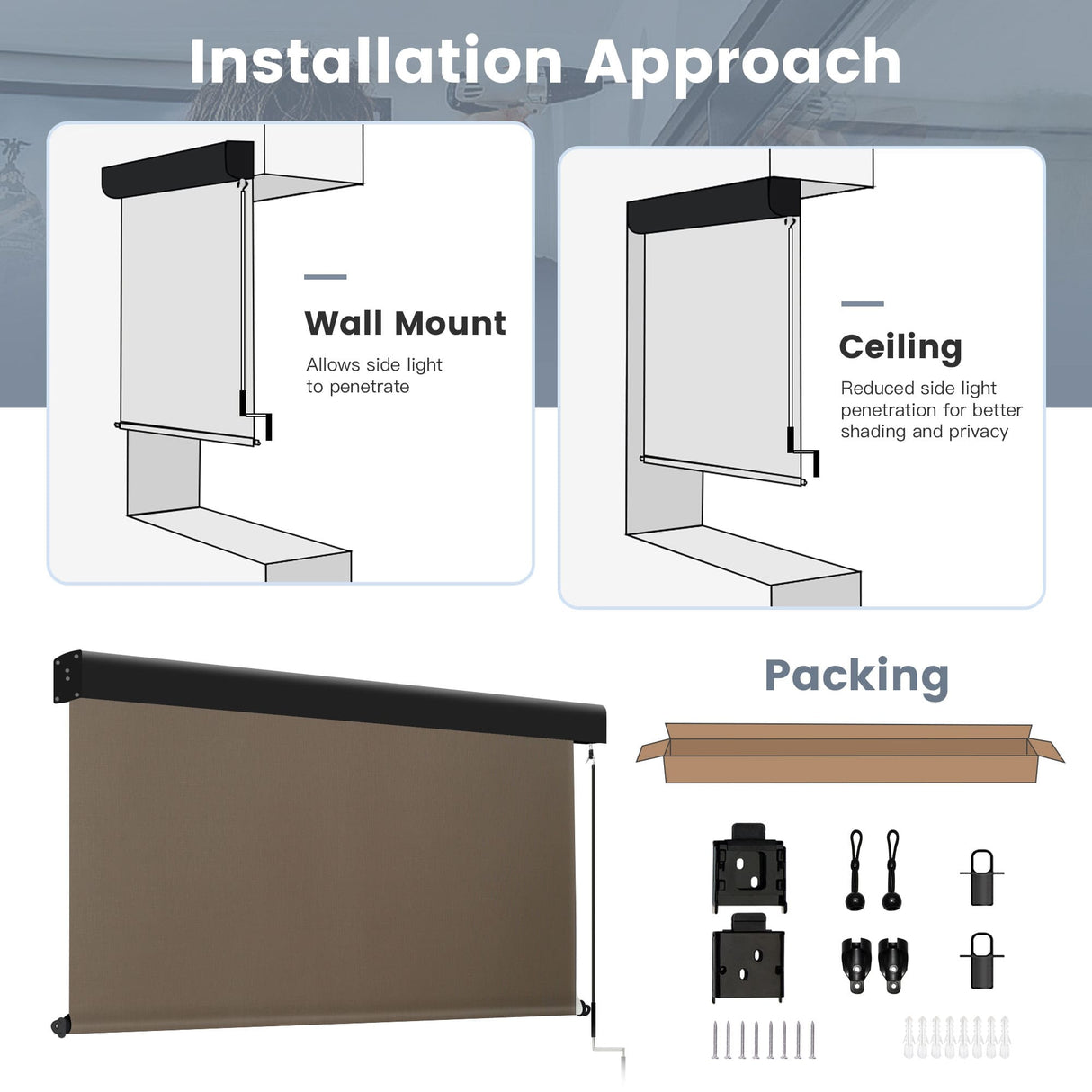 Vicllax Premium Patio Sun Blocking Roller Shade, Solar Shade with Aluminum Valance