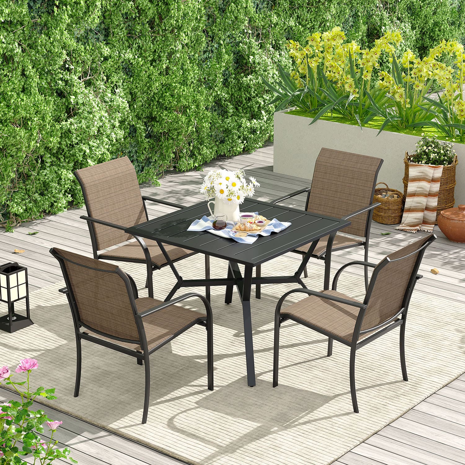 Vicllax 5 Pieces Patio Dining Set, Outdoor Square Table and Patio Stackable Sling Chairs