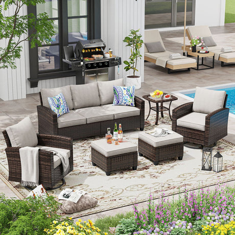 VICLLAX Versatile Wicker Patio Set: 5 Seater with Fire Table/Ottoman
