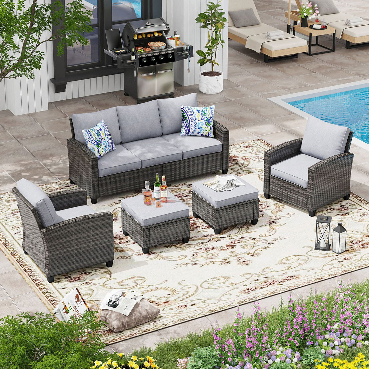 VICLLAX Versatile Wicker Patio Set: 5 Seater with Fire Table/Ottoman