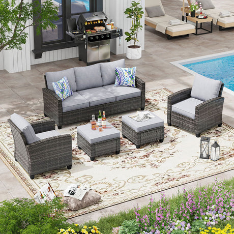 VICLLAX Versatile Wicker Patio Set: 5 Seater with Fire Table/Ottoman