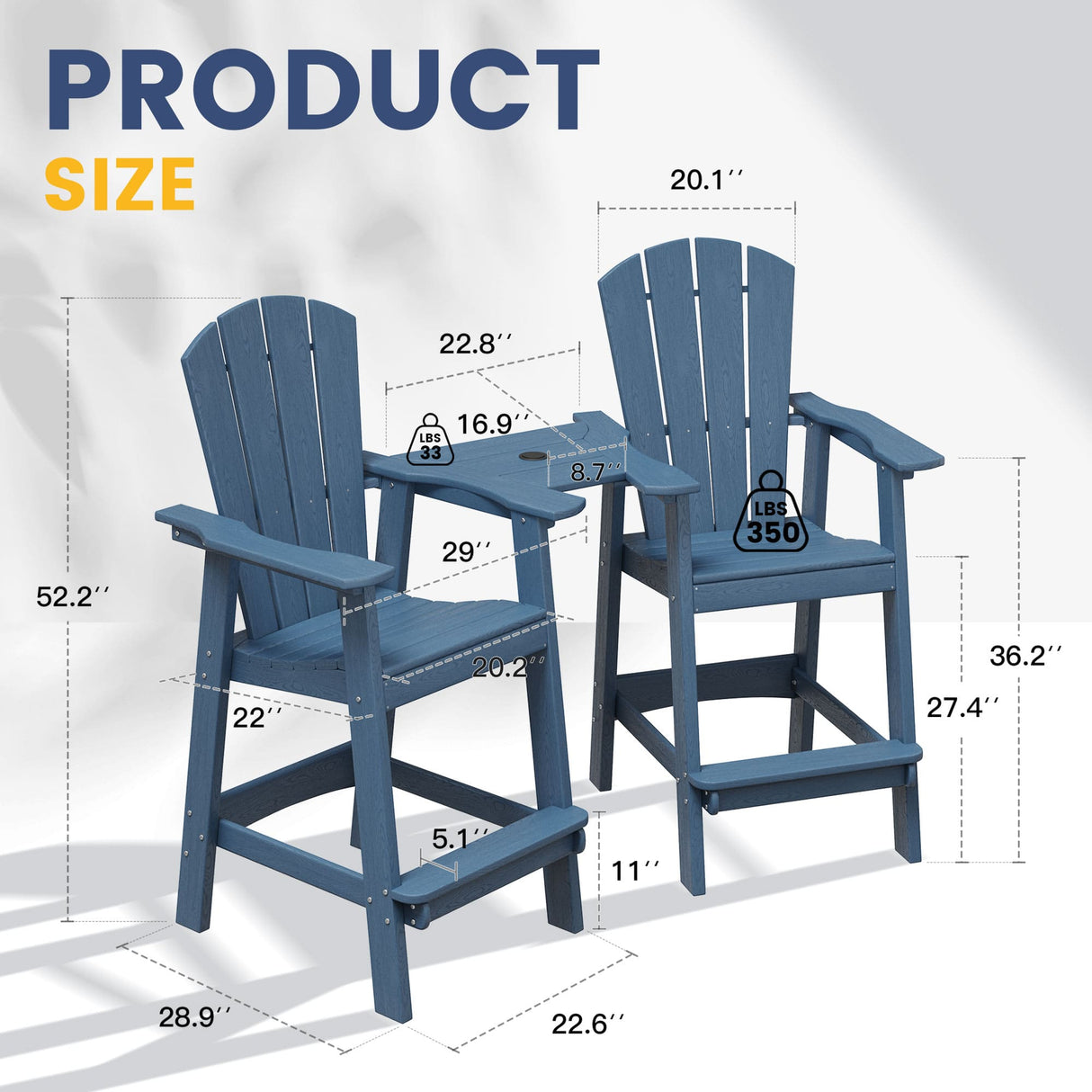 Vicllax Outdoor HDPE Adirondack Bar Chair, Patio Bar Stools with Umbrella Hole