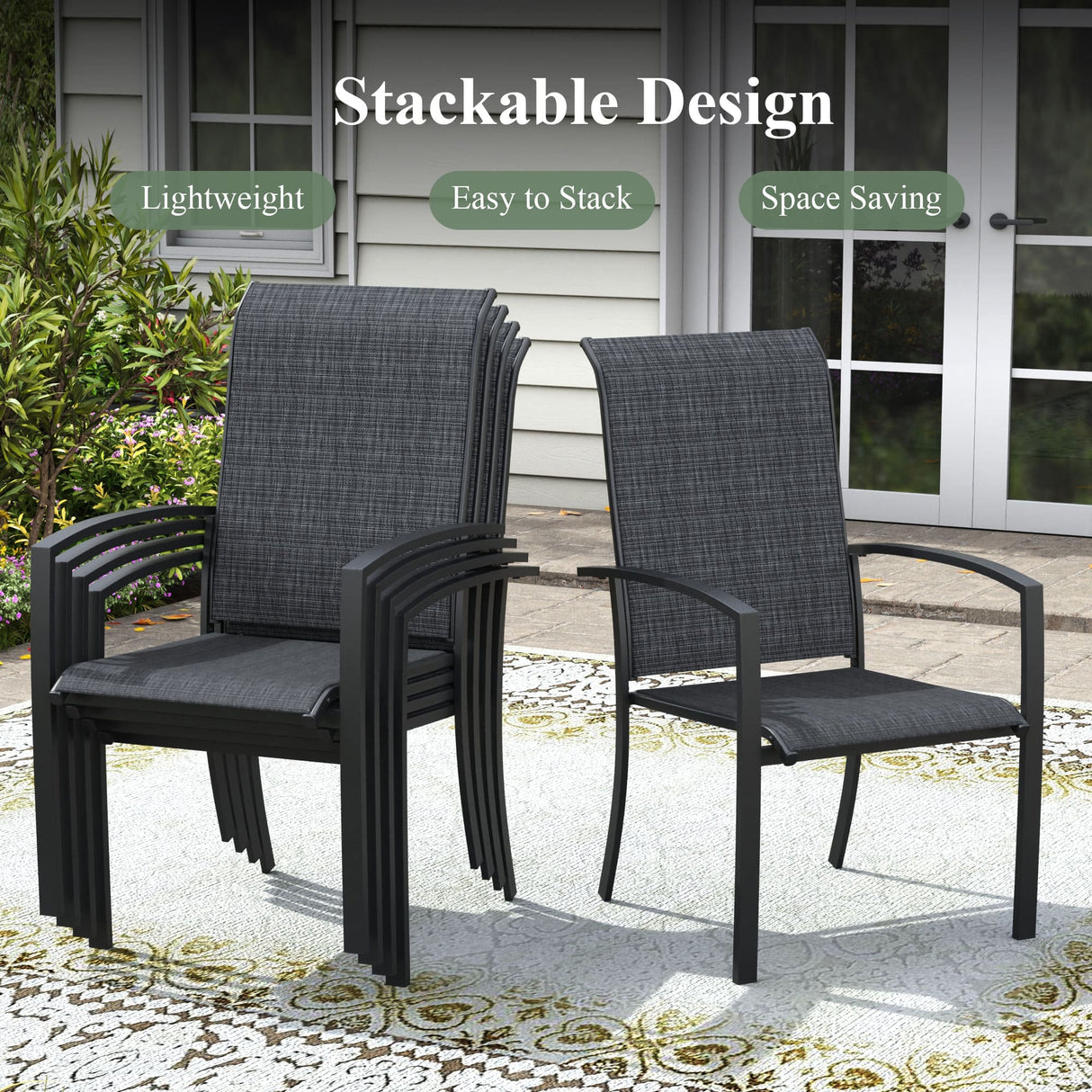 Vicllax 7 PCS Patio Dining Table Set, 50" Round Metal Table with Shelf and Skyline Stackable Chair