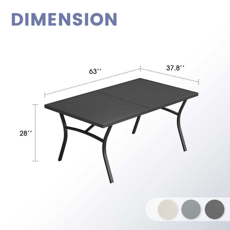 Vicllax Mesa de comedor de exterior para 6 personas, mesa de listones de acero curvado de metal para patio con orificio para sombrilla