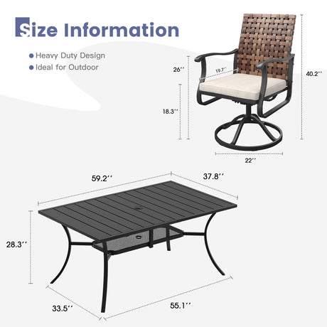 Vicllax 7 Pieces Outdoor Dining Set with Metal Rectangular Table and Sienna Swivel Chairs