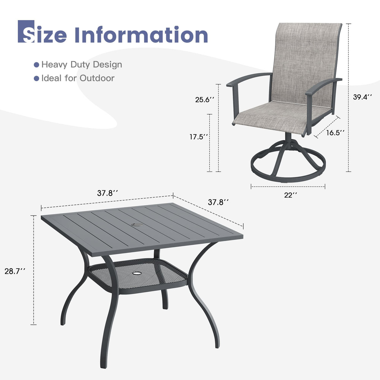 Vicllax 5 Pcs Outdoor Dining Set, Square Metal Table with Storage Shelf and 4 Swivel Chairs