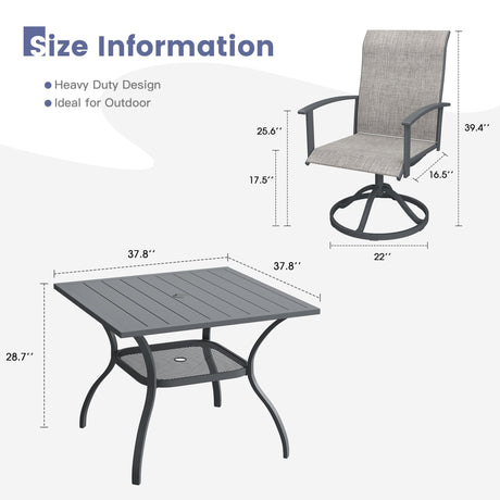 Vicllax 5 Pcs Outdoor Dining Set, Square Metal Table with Storage Shelf and 4 Swivel Chairs