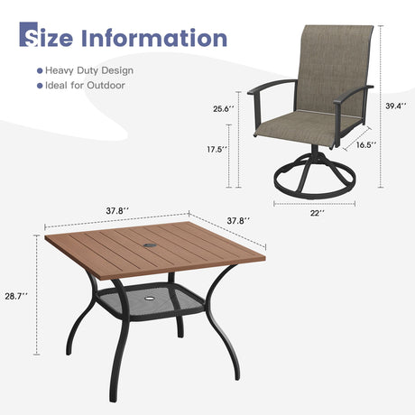 Vicllax 5 Pcs Outdoor Dining Set, Square Metal Table with Storage Shelf and 4 Swivel Chairs
