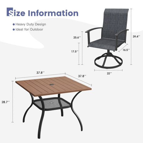 Vicllax 5 Pcs Outdoor Dining Set, Square Metal Table with Storage Shelf and 4 Swivel Chairs