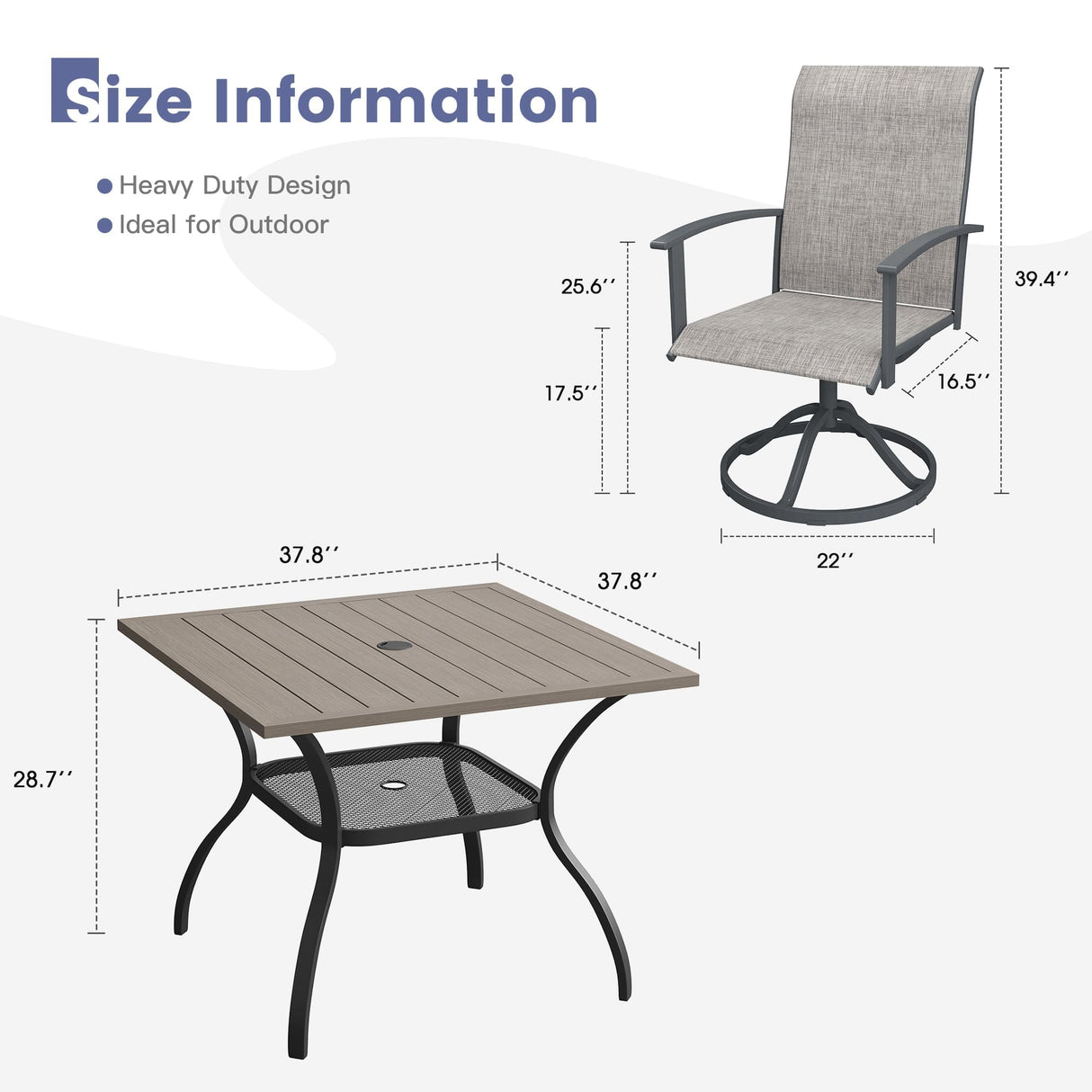 Vicllax 5 Pcs Outdoor Dining Set, Square Metal Table with Storage Shelf and 4 Swivel Chairs