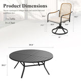 Viclla 9-Piece Outdoor Dining Set, 60” Round Metal Table with Umbrella Hole & Solana Swivel Chair