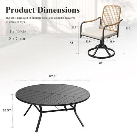 Viclla 9-Piece Outdoor Dining Set, 60” Round Metal Table with Umbrella Hole & Solana Swivel Chair