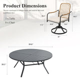 Viclla 9-Piece Outdoor Dining Set, 60” Round Metal Table with Umbrella Hole & Solana Swivel Chair